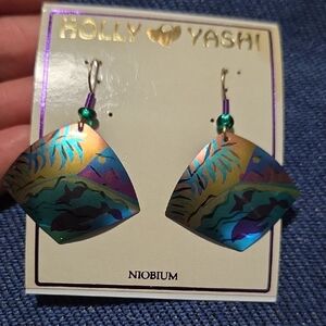 Holly Yashi Signed Niobium Wave Drop Tropical Earrings - Green/Blue